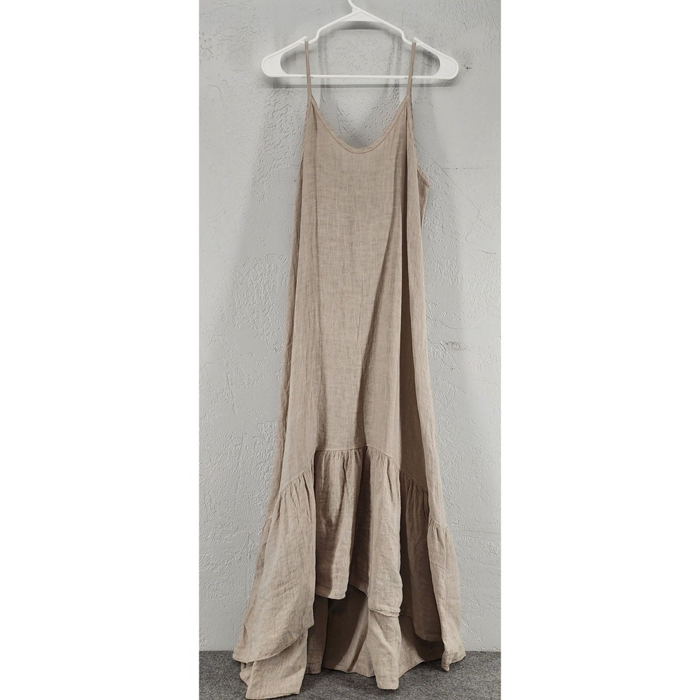 Terzo Millennio Beige 100% Linen Ruffle Hem Maxi Dress Made in Italy Womens S